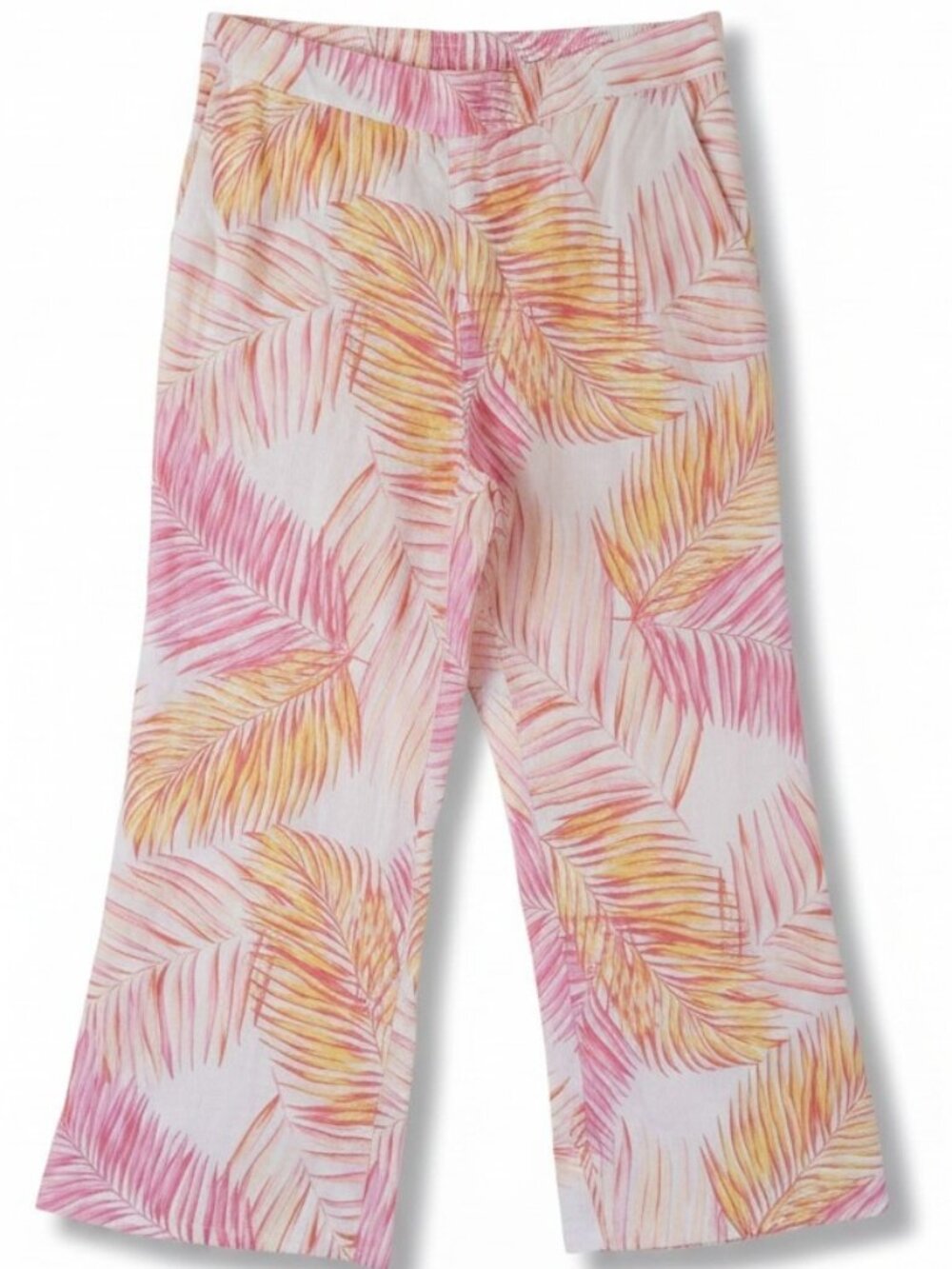 Tahari 100% Linen Tropical Palm Leaf Print Flowy Wide Leg Crop Pants Pink XL - Picture 2 of 9